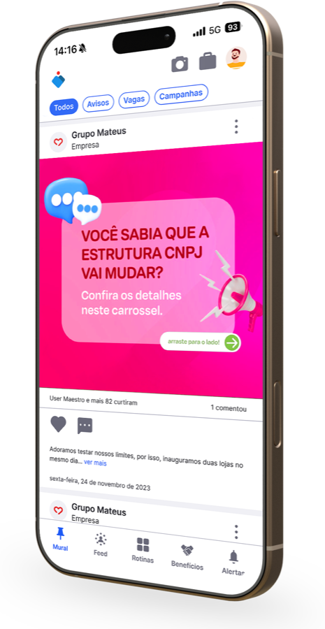 Tela do app Maestro: feed de comunicação