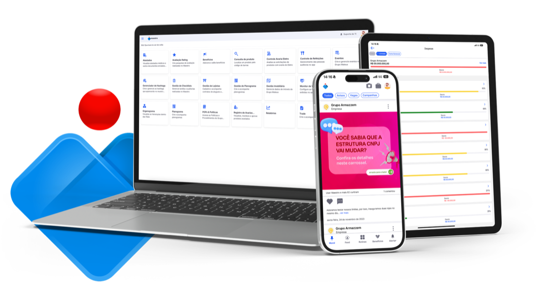 Aplicativo Maestro exibido em celular, tablet e desktop